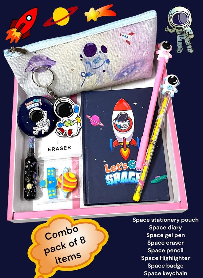 Le Delite Kids Space astronaut planet Theme Stationery Gift Set Combo Return Gift Box (7 Items) Diary, Pouch,Eraser, Pen,Pencil,Keychain & badge For Kids Boys & Girls Return Gift (MULTI) - Image 2